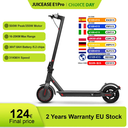 JUICEASE E1 Pro Elektroroller, 350 W Motor, 500 W Spitzenleistung, zusammenklappbarer elektrischer Tretroller, 36 V, 7,8 Ah, 5,2 Chips, 25 km Reichweite