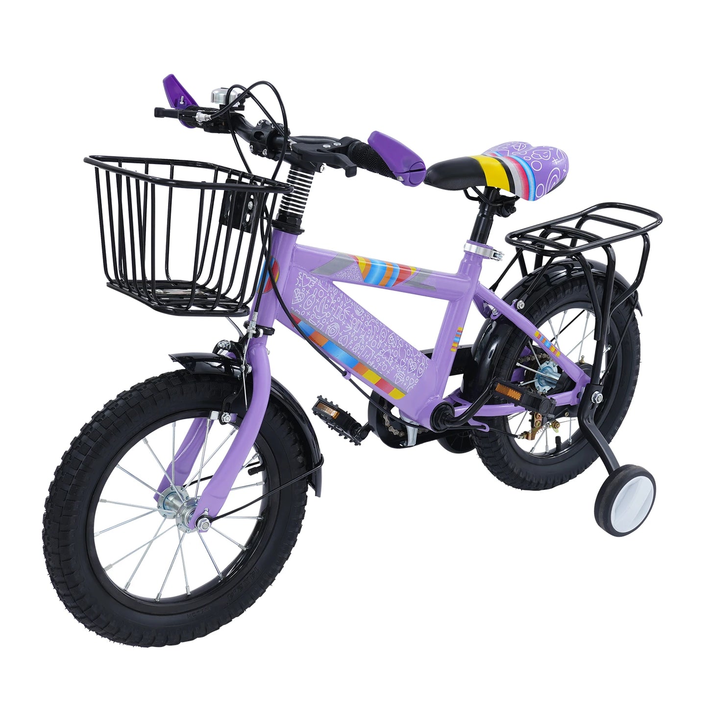 14-Zoll-Kinderfahrrad, verstellbarer Sitz, Kinderfahrradlast 50 kg, mit Trainingsrädern + Korb + Rücksitz für 3–6 Jahre alt (lila/rosa)