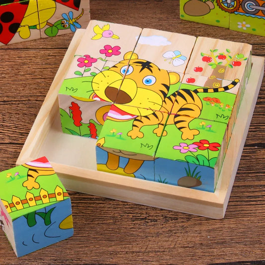 Baby Holz Blöcke Spielzeug Kinder Sechs Seite Cube Puzzles Spiel Tier Obst Verkehr Erkennen Frühen Lernen Pädagogisches Spielzeug