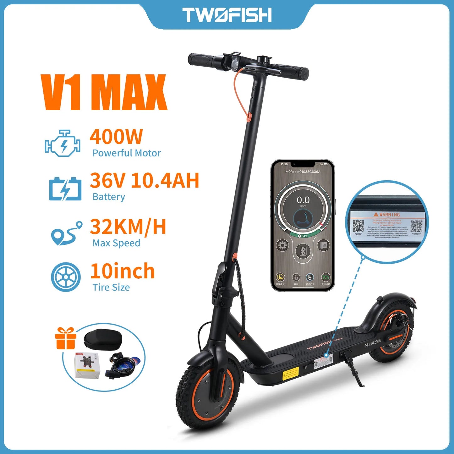 TWOFISH V1 MAX Elektroroller, 400 W, 36 V, 10,4 Ah, 25 km Reichweite, elektrischer Tretroller, unterstützt APP, 32 km/h, 9 Zoll Reifen, faltbarer Escooter