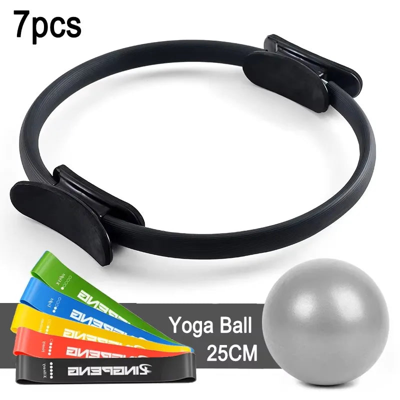7-teiliges Pilates-Ring-Set, magischer Kreis, explosionsgeschützter Pilates-Miniball, hochelastisches Widerstandsband, Yoga-Weizenschlauchball