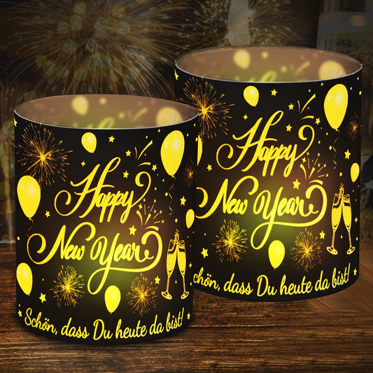 12-teiliges Neujahrsparty-Lampenschirm-Dekorationsset in Schwarz und Gold Frohes Neues Jahr, Feiertag, Esstisch, Kerzenlampenschirm mit Champagner