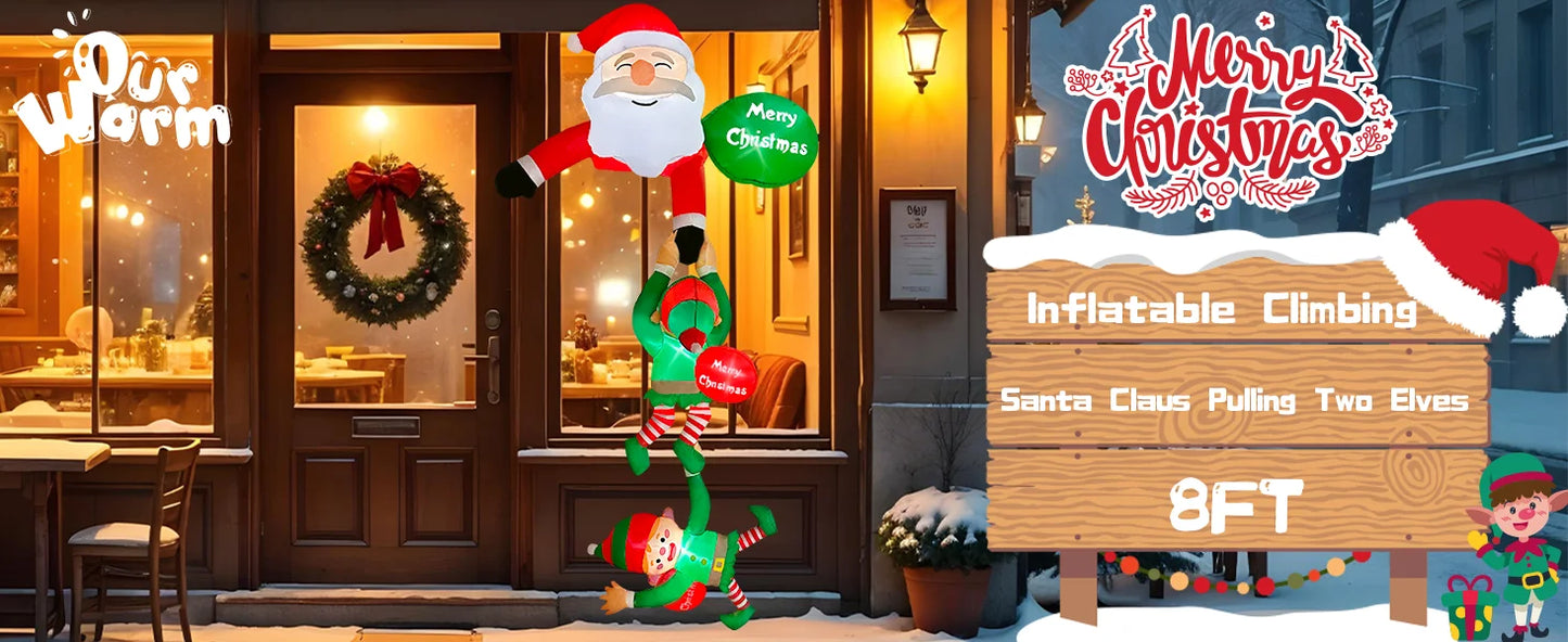 2,4 m lange aufblasbare Weihnachtsdekoration, kletternder Weihnachtsmann mit Rentier und Schneemann/Elfen, Weihnachtsdekoration für Strahldachbaum-Innenparty
