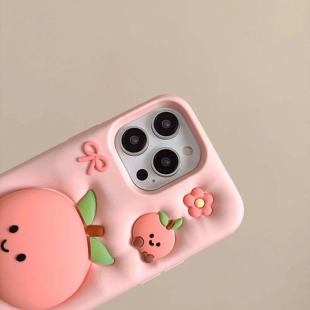 Süße Sommerfrucht-Blumen-Pfirsich-Ständer-weiche Silikonhülle für iPhone 17, 16, 15, 14, 13, Pro Max 14, 15 Plus, stoßfeste Schutzhülle