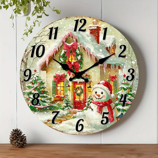 Nicht tickende Holz-Wanduhr – geräuschloser Betrieb, Weihnachtsdorf-Szene mit Schneemann, roter Tür und Schneeflocken – batteriebetrieben