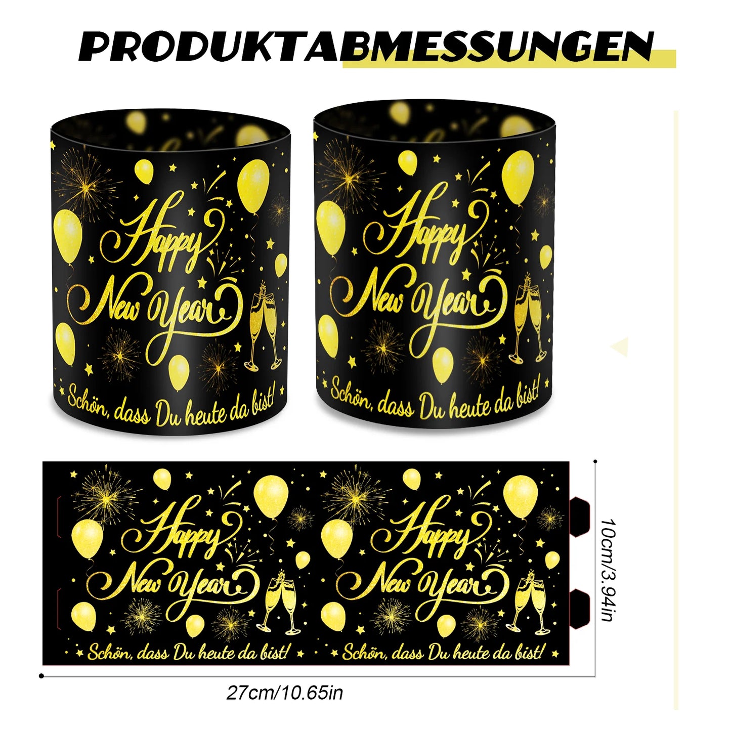 12-teiliges Neujahrsparty-Lampenschirm-Dekorationsset in Schwarz und Gold Frohes Neues Jahr, Feiertag, Esstisch, Kerzenlampenschirm mit Champagner