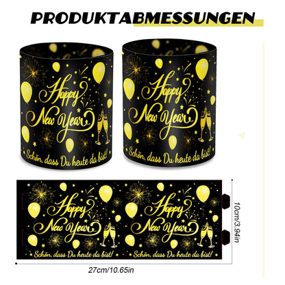 12-teiliges Neujahrsparty-Lampenschirm-Dekorationsset in Schwarz und Gold Frohes Neues Jahr, Feiertag, Esstisch, Kerzenlampenschirm mit Champagner