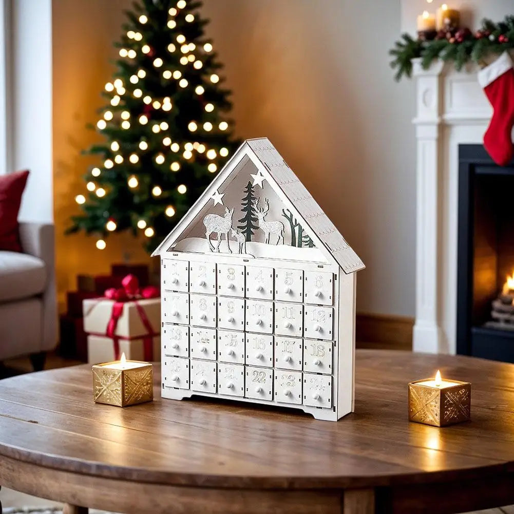 Weihnachts-Adventskalenderhaus aus Holz mit 24 Schubladen, Countdown zu Weihnachten für Kinder, LED-Heimdekoration, klein/groß