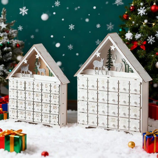 Weihnachts-Adventskalenderhaus aus Holz mit 24 Schubladen, Countdown zu Weihnachten für Kinder, LED-Heimdekoration, klein/groß