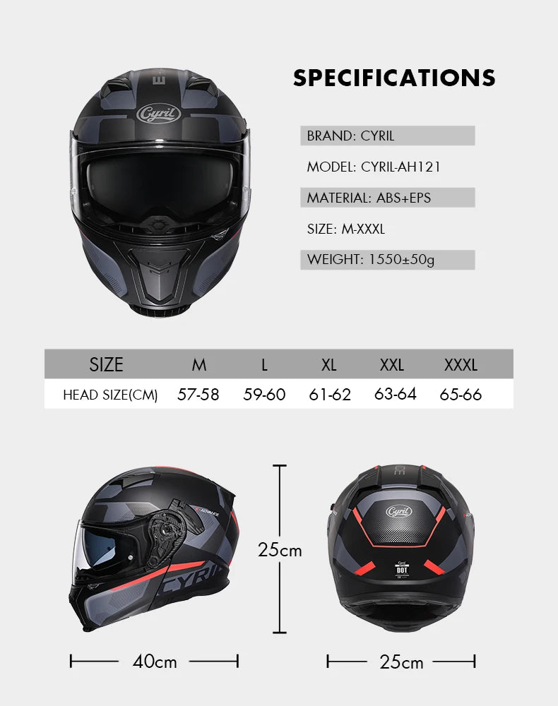 Integraler Motorradhelm mit Dual-Visier, Cyril hochklappbarer Motorradhelm mit Bluetooth-Steckplatz für Erwachsene, DOT-zugelassener Helm