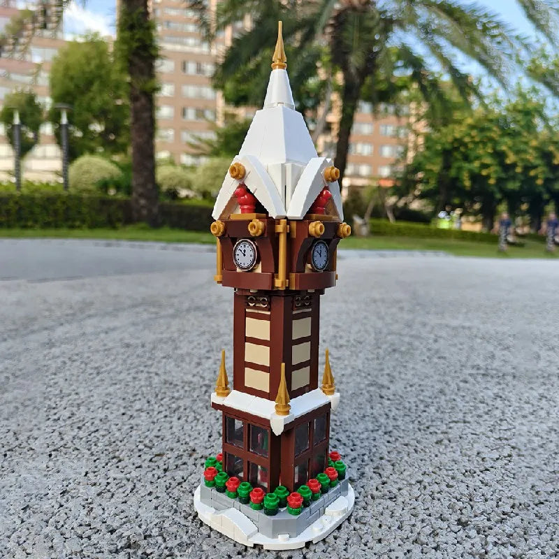 345PCS MOC Weihnachten Straße Uhr Turm Bausteine Stadt Platz Kalender Glocke Turm Architektur Ziegel Spielzeug Weihnachten Geschenk