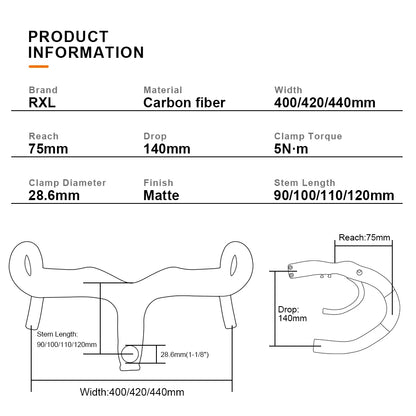 RXL SL-Integrierter Carbon-Fahrradlenker, Rennradstange, Rennradzubehör, 28,6 mm, 400 mm, 420 mm, 440 mm