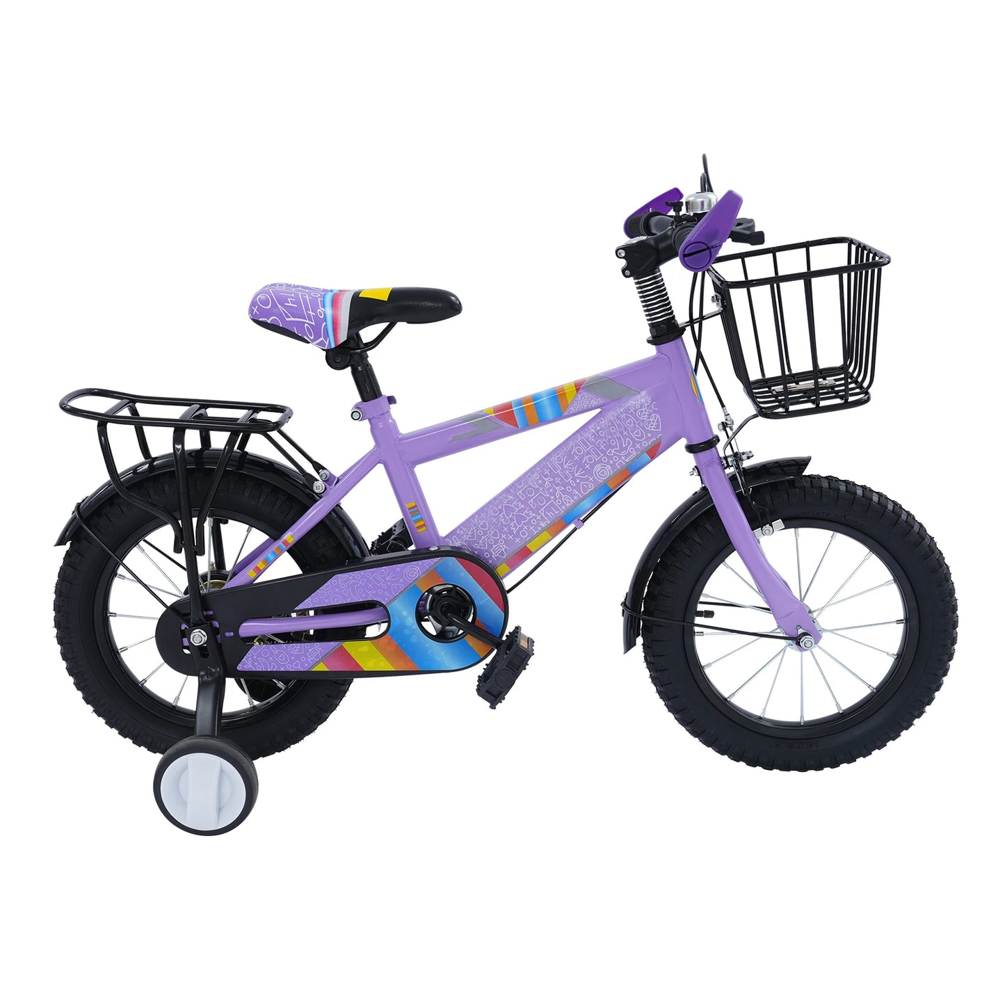 14-Zoll-Kinderfahrrad, verstellbarer Sitz, Kinderfahrradlast 50 kg, mit Trainingsrädern + Korb + Rücksitz für 3–6 Jahre alt (lila/rosa)