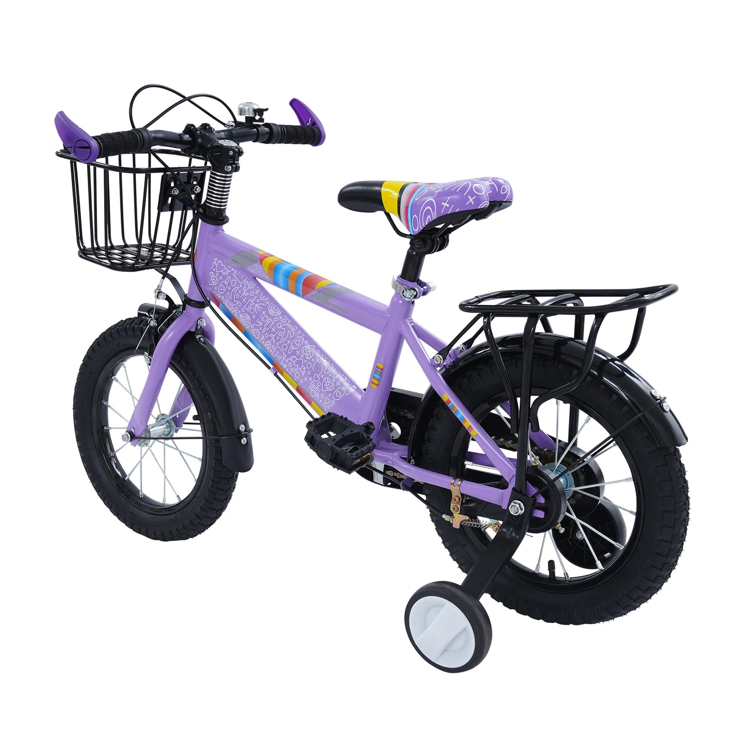 14-Zoll-Kinderfahrrad, verstellbarer Sitz, Kinderfahrradlast 50 kg, mit Trainingsrädern + Korb + Rücksitz für 3–6 Jahre alt (lila/rosa)