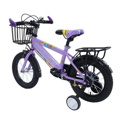 14-Zoll-Kinderfahrrad, verstellbarer Sitz, Kinderfahrradlast 50 kg, mit Trainingsrädern + Korb + Rücksitz für 3–6 Jahre alt (lila/rosa)