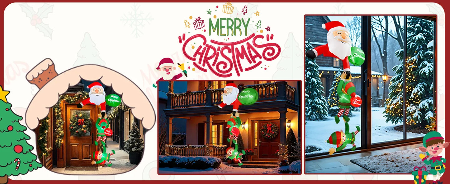 2,4 m lange aufblasbare Weihnachtsdekoration, kletternder Weihnachtsmann mit Rentier und Schneemann/Elfen, Weihnachtsdekoration für Strahldachbaum-Innenparty