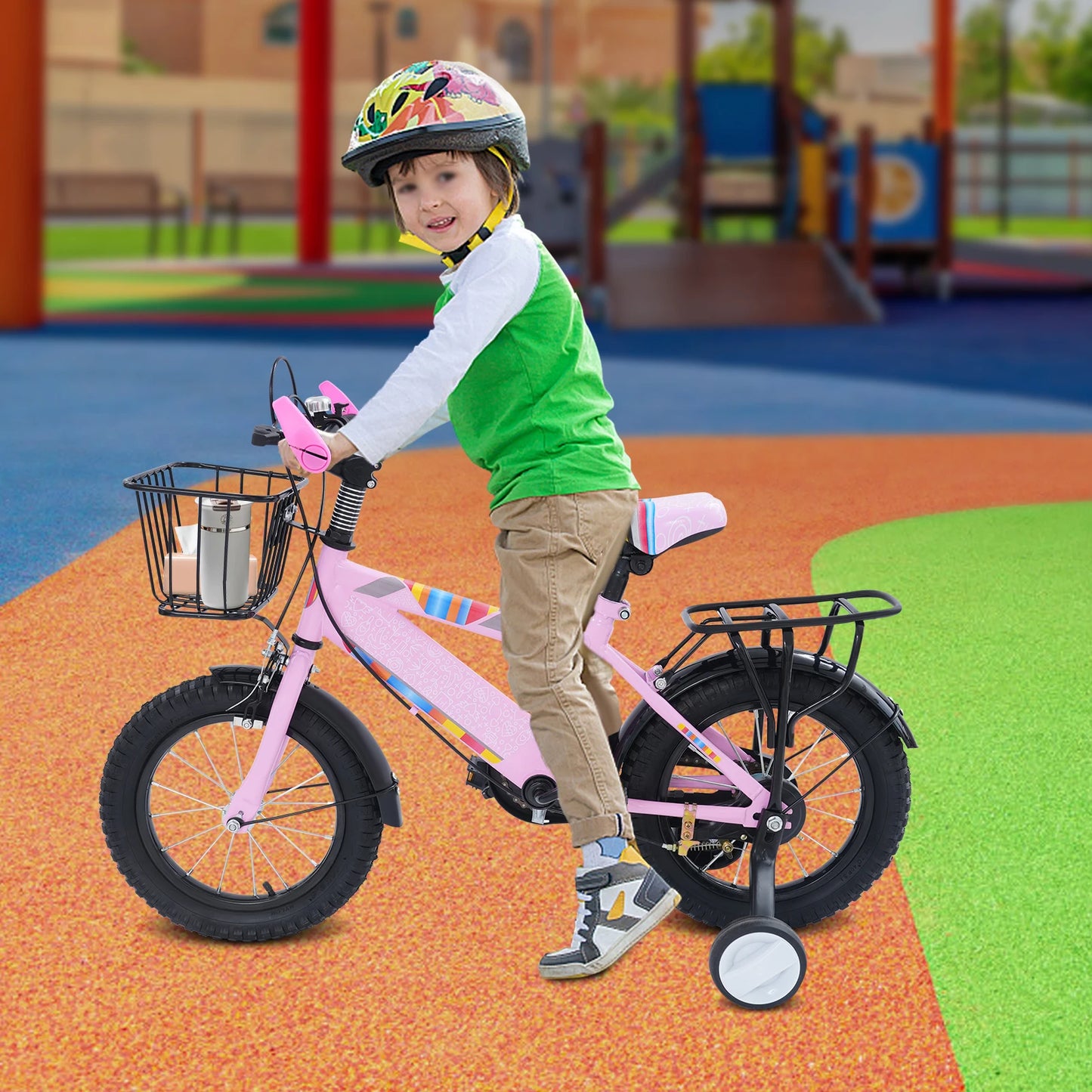 14-Zoll-Kinderfahrrad, verstellbarer Sitz, Kinderfahrradlast 50 kg, mit Trainingsrädern + Korb + Rücksitz für 3–6 Jahre alt (lila/rosa)
