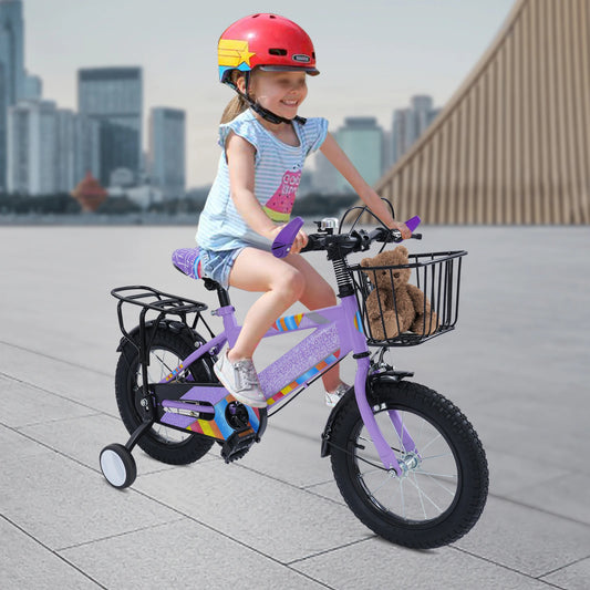 14-Zoll-Kinderfahrrad, verstellbarer Sitz, Kinderfahrradlast 50 kg, mit Trainingsrädern + Korb + Rücksitz für 3–6 Jahre alt (lila/rosa)