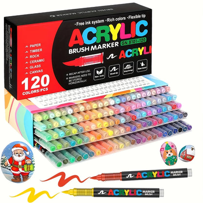 12-120 Farben Acrylfarben Stifte Marker Pinselspitze Farbmarker für Felsmalerei Holz Leinwand Stein Weihnachtsgeschenk DIY Handwerk