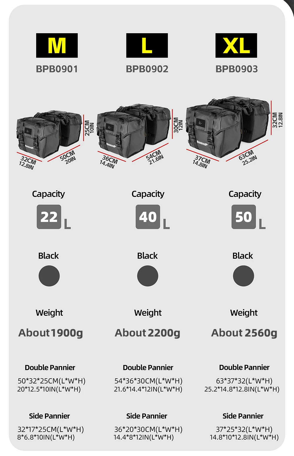 Rhinowalk Fahrrad-Gepäckträgertasche, 22/40/50 l, wasserdichte doppelseitige Fahrrad-Satteltasche mit innerer Stützplatte, erweiterbarer Aufbewahrungsgurt