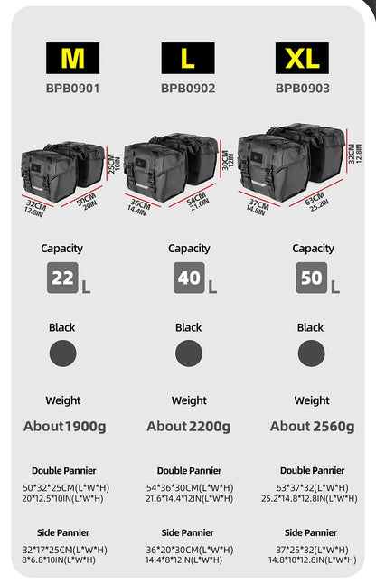Rhinowalk Fahrrad-Gepäckträgertasche, 22/40/50 l, wasserdichte doppelseitige Fahrrad-Satteltasche mit innerer Stützplatte, erweiterbarer Aufbewahrungsgurt