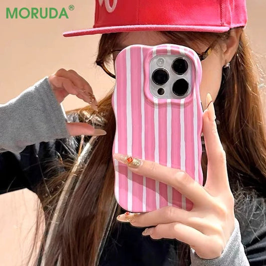 Modische, farbkollisionsgestreifte, glänzende Hülle für iPhone 17, 12, 13, 14, 15, 16 Pro Max, 17 Air Wave-Kanten, komfortable Touch-Rückseite
