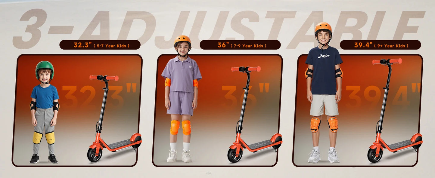 Kinder-Elektroroller K2Pro 150 W Motor 6 Zoll Reifen 18 V Batterie 16 km h Höchstgeschwindigkeit 6–9 km Reichweite Orange Schwarz 3 Geschwindigkeitsgetriebe mit LED