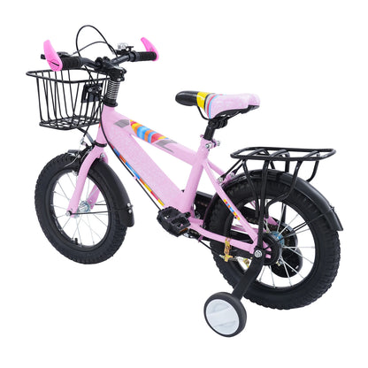 14-Zoll-Kinderfahrrad, verstellbarer Sitz, Kinderfahrradlast 50 kg, mit Trainingsrädern + Korb + Rücksitz für 3–6 Jahre alt (lila/rosa)