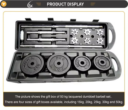 10 kg, 15 kg, 20 kg, 30 kg, Fitnessstudio, Zuhause, Gewichtheben, Hanteln mit Box, bemalt, schwarz lackiert, Gusseisen-Hanteln, Langhantel-Set.