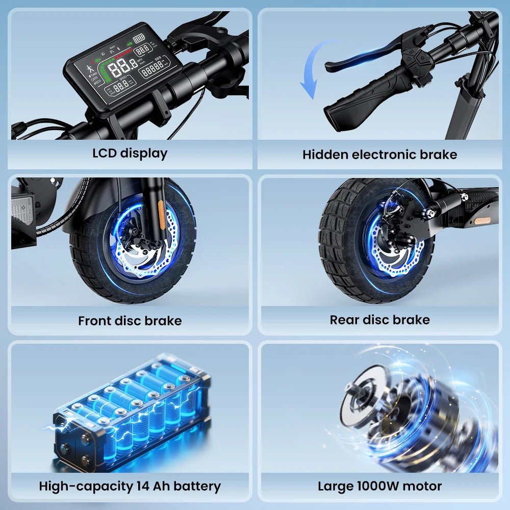 W9 10-Zoll-Offroad-Elektroroller 1000 W Hintermotor 48 V 14 Ah Batterie 45 km/h 35–45 km Reichweite Doppelscheibenbremsen mit APP E-Scooter
