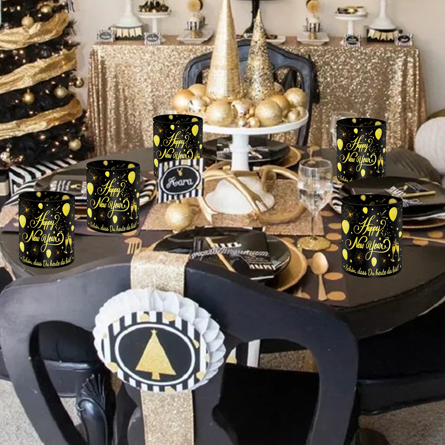 12-teiliges Neujahrsparty-Lampenschirm-Dekorationsset in Schwarz und Gold Frohes Neues Jahr, Feiertag, Esstisch, Kerzenlampenschirm mit Champagner