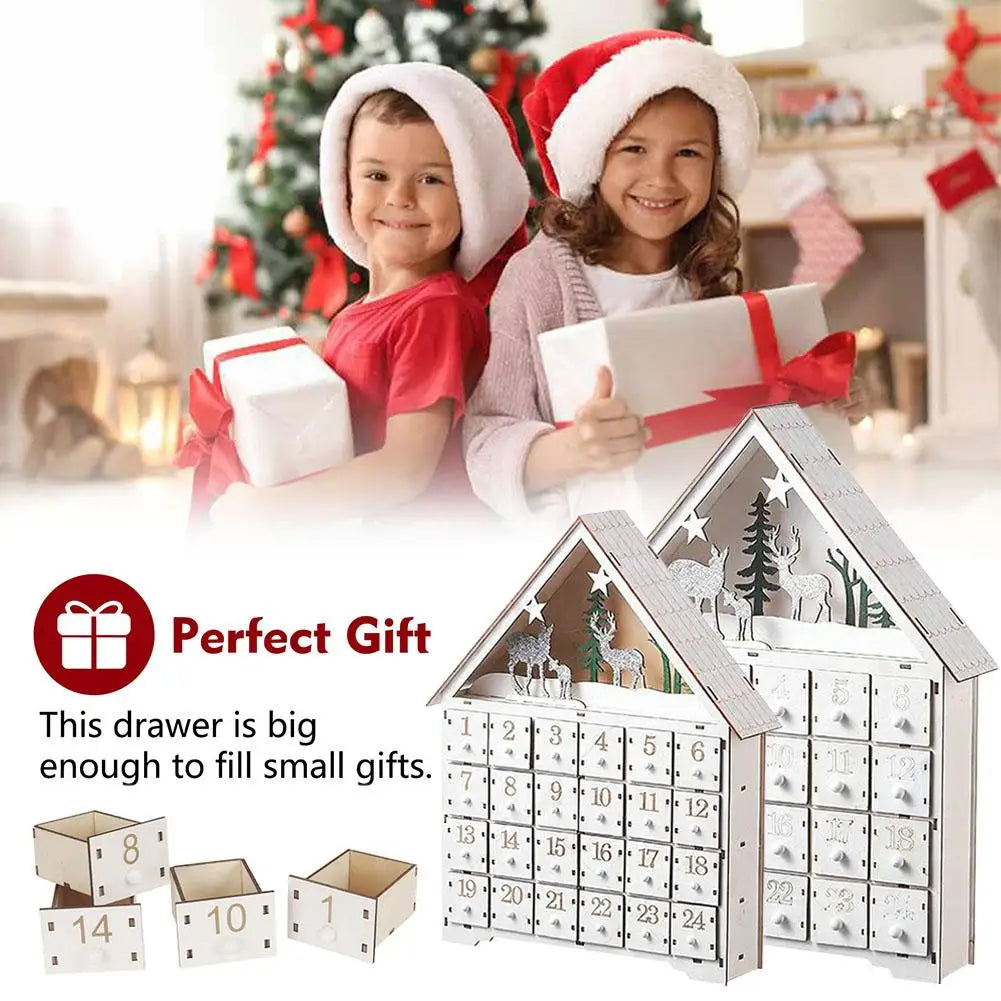 Weihnachts-Adventskalenderhaus aus Holz mit 24 Schubladen, Countdown zu Weihnachten für Kinder, LED-Heimdekoration, klein/groß