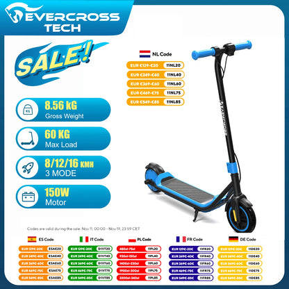 Ever cross tech e6 Elektro roller für Kinder, 7 "leichter E-Roller für 6-12 Jahre, Elektro roller mit einer Reichweite von bis zu 15 km und 7-farbigen Lichtern, 3 Geschwindigkeit smodi (8, 12, 16 km/h)