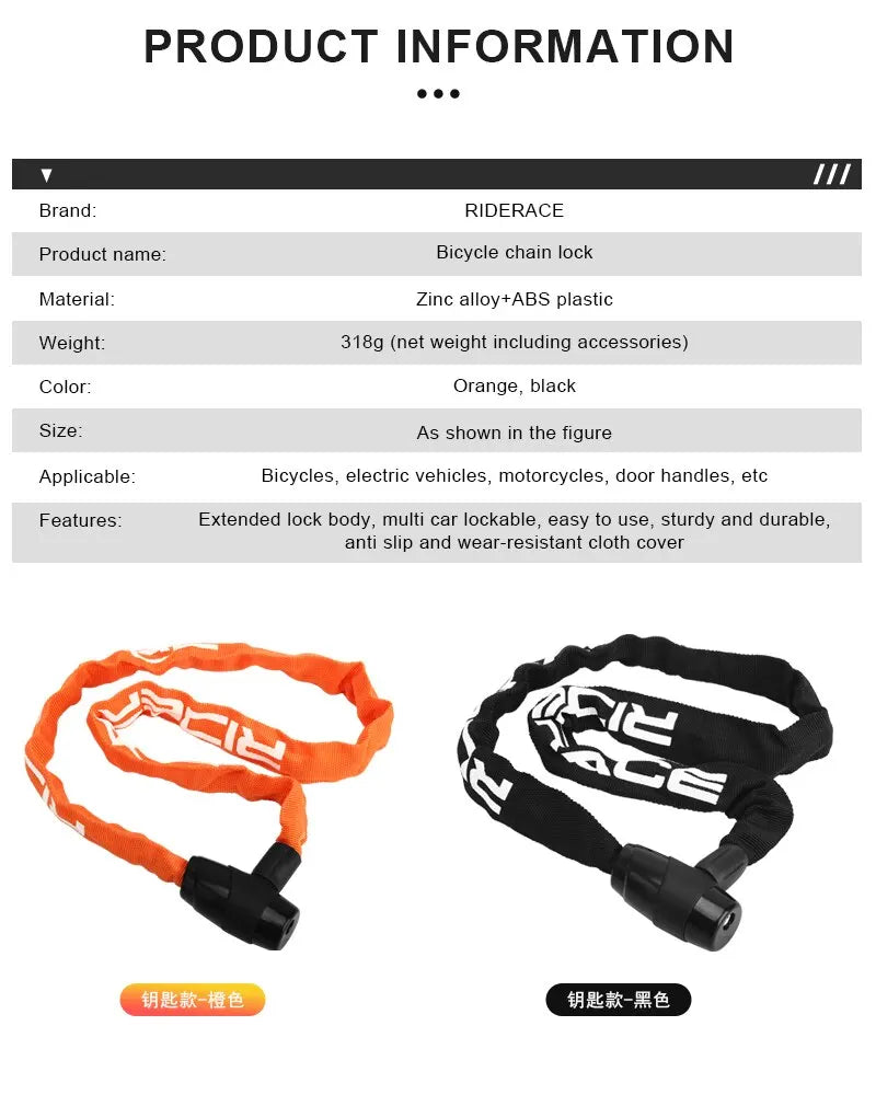 RIDERACE Fahrradkettenschloss, tragbar, Diebstahlschutz, hohe Sicherheit, MTB, Mountainbike-Schloss mit 2 Schlüsseln für Roller, Elektro-E-Bike