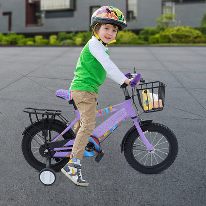 14-Zoll-Kinderfahrrad, verstellbarer Sitz, Kinderfahrradlast 50 kg, mit Trainingsrädern + Korb + Rücksitz für 3–6 Jahre alt (lila/rosa)