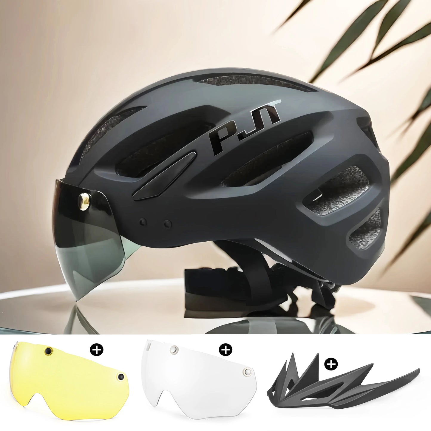 PJT Neuer LED-Fahrradhelm mit Sonnenbrille, Visier, wiederaufladbar, LED-Fahrradhelm für Herren, Sonnenbrille, Schild, Rennrad, MTB, Fahrradhelme