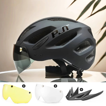 PJT Neuer LED-Fahrradhelm mit Sonnenbrille, Visier, wiederaufladbar, LED-Fahrradhelm für Herren, Sonnenbrille, Schild, Rennrad, MTB, Fahrradhelme