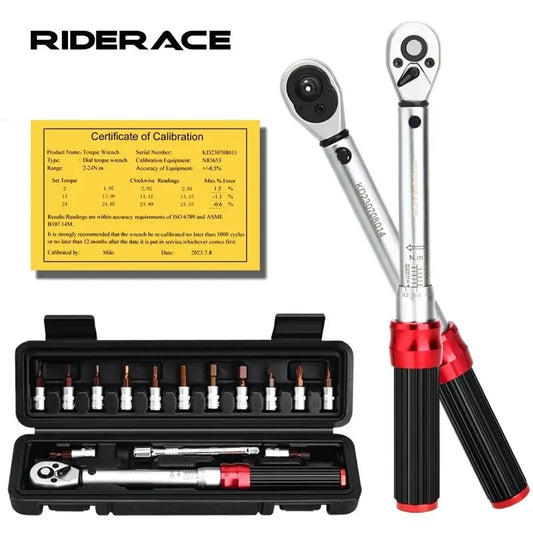 RIDERACE Fahrrad-Drehmomentschlüssel-Set, 15-teilig, 1/4 Zoll, 2–24 Nm, Dual-Richtung, Fahrrad-Inbusschlüssel, Werkzeug, Steckschlüssel, Pro-Motorrad-Reparatursatz