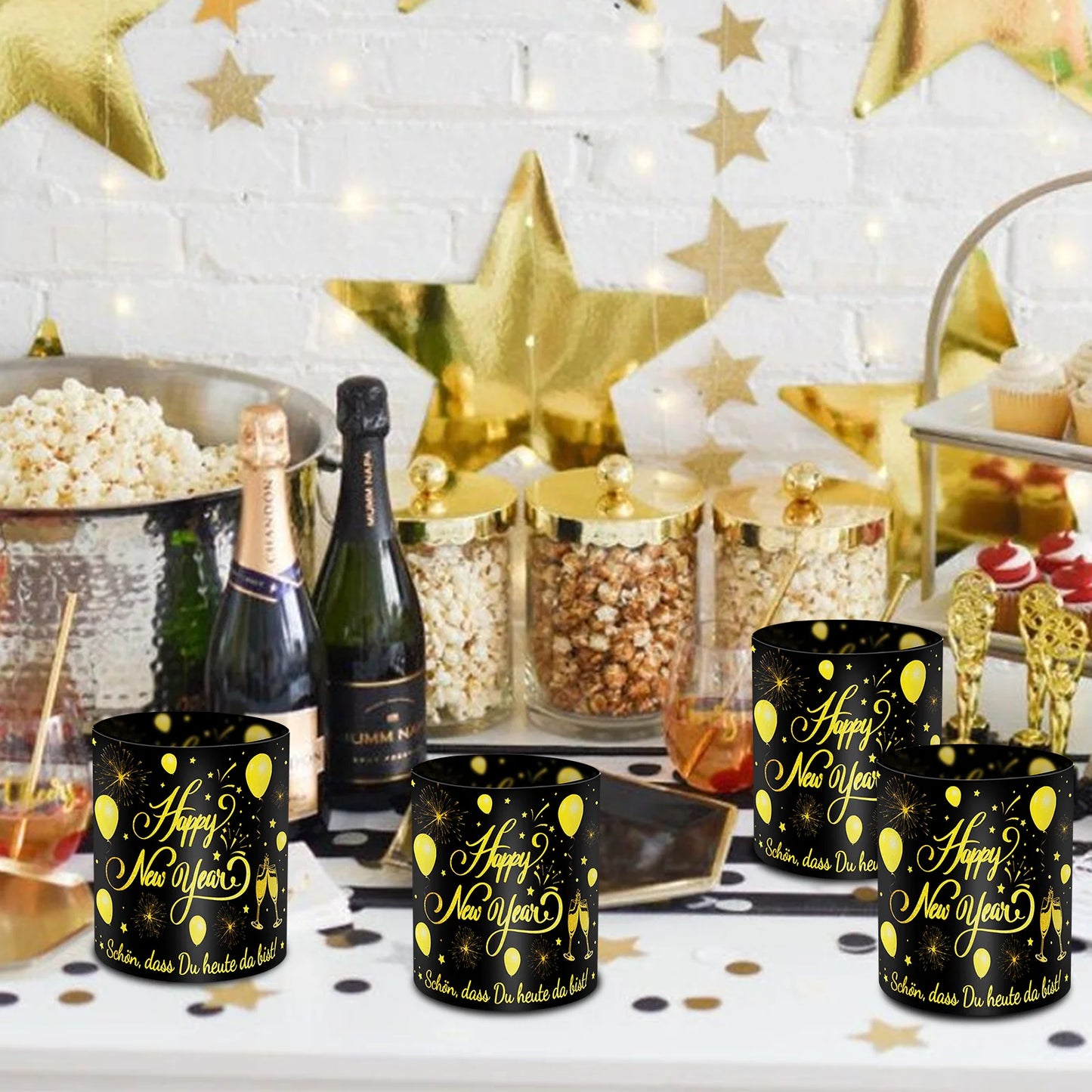 12-teiliges Neujahrsparty-Lampenschirm-Dekorationsset in Schwarz und Gold Frohes Neues Jahr, Feiertag, Esstisch, Kerzenlampenschirm mit Champagner