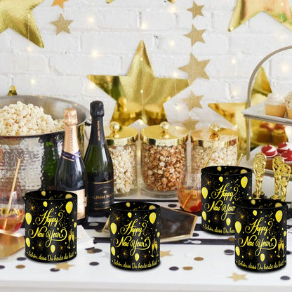 12-teiliges Neujahrsparty-Lampenschirm-Dekorationsset in Schwarz und Gold Frohes Neues Jahr, Feiertag, Esstisch, Kerzenlampenschirm mit Champagner