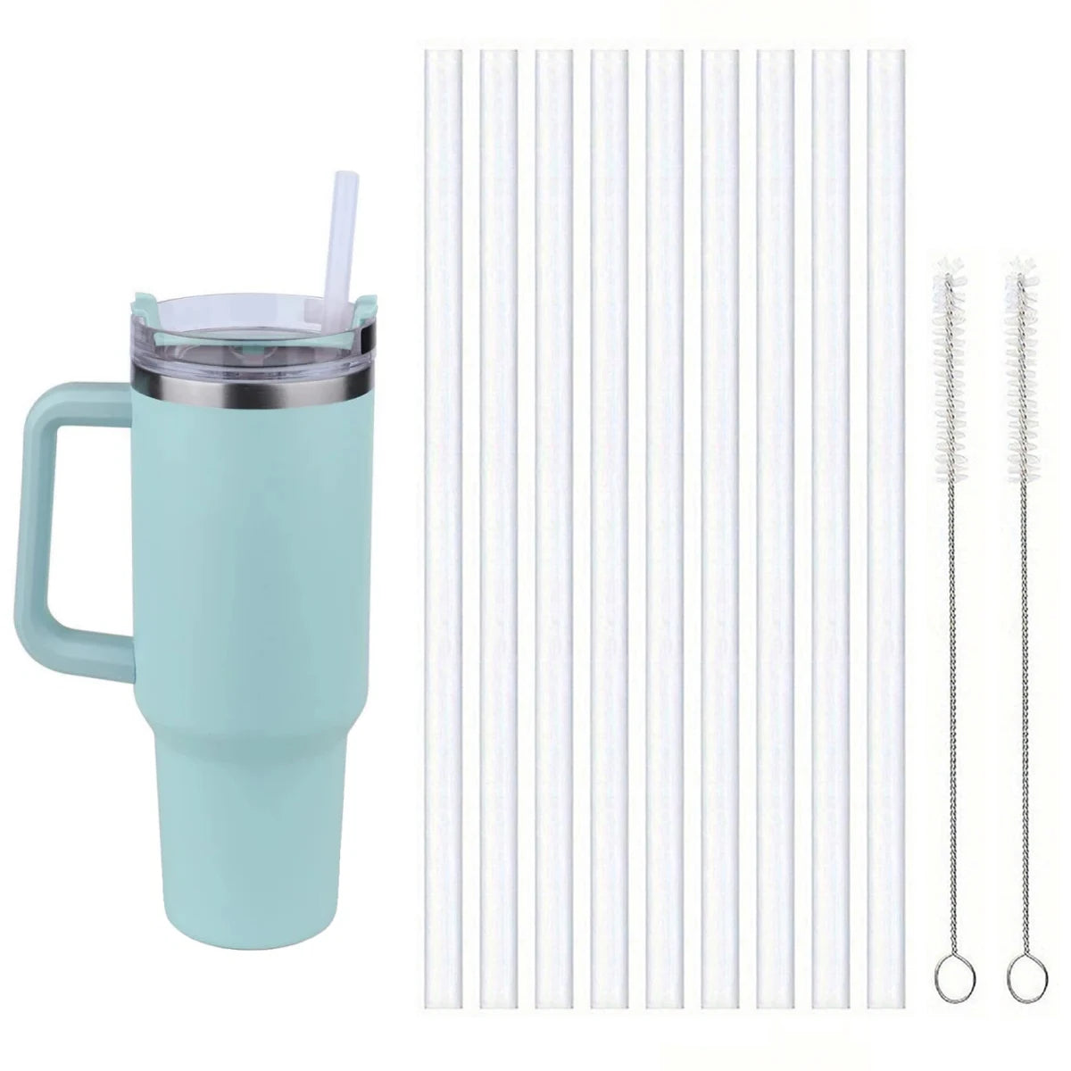 Ersatzstrohhalme für Stanley 40 oz Tassenbecher, 12er-Pack transparente wiederverwendbare Kunststoffstrohhalme, 2 Strohbürsten, für Stanley Cup