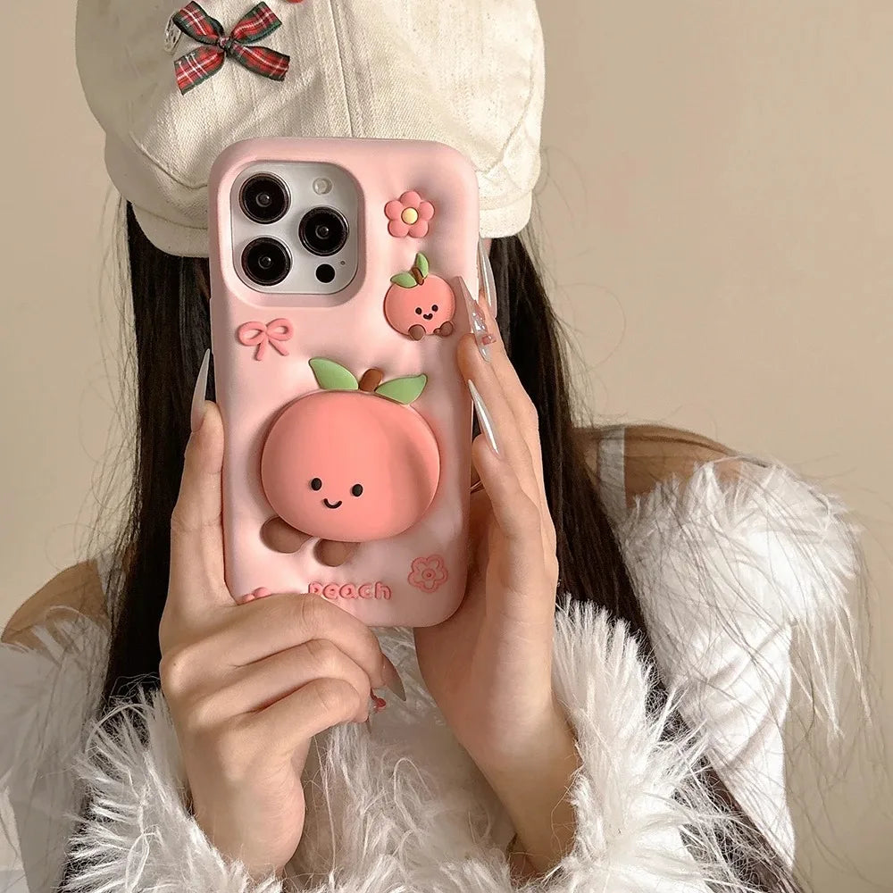 Süße Sommerfrucht-Blumen-Pfirsich-Ständer-weiche Silikonhülle für iPhone 17, 16, 15, 14, 13, Pro Max 14, 15 Plus, stoßfeste Schutzhülle