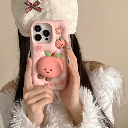 Süße Sommerfrucht-Blumen-Pfirsich-Ständer-weiche Silikonhülle für iPhone 17, 16, 15, 14, 13, Pro Max 14, 15 Plus, stoßfeste Schutzhülle