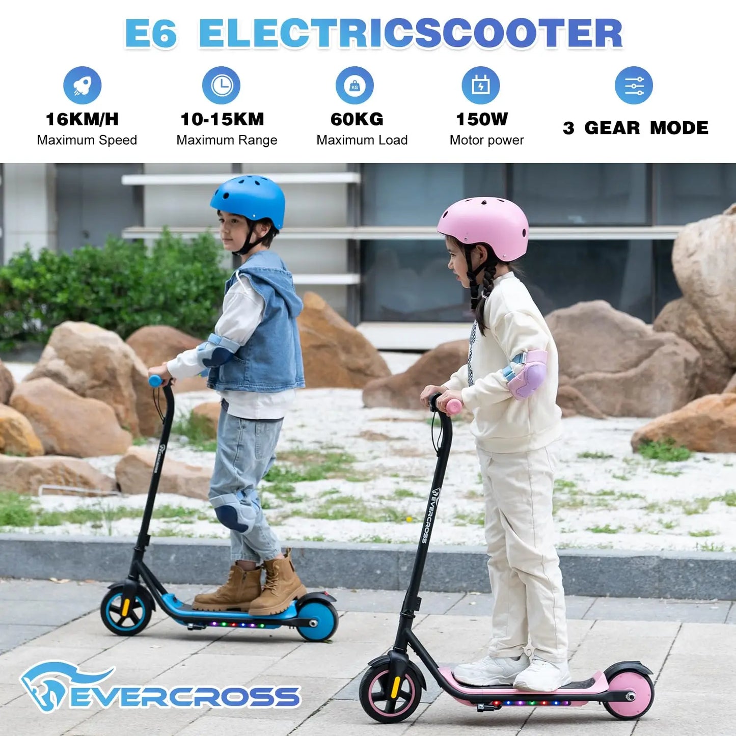 Ever cross tech e6 Elektro roller für Kinder, 7 "leichter E-Roller für 6-12 Jahre, Elektro roller mit einer Reichweite von bis zu 15 km und 7-farbigen Lichtern, 3 Geschwindigkeit smodi (8, 12, 16 km/h)