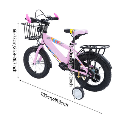 14-Zoll-Kinderfahrrad, verstellbarer Sitz, Kinderfahrradlast 50 kg, mit Trainingsrädern + Korb + Rücksitz für 3–6 Jahre alt (lila/rosa)