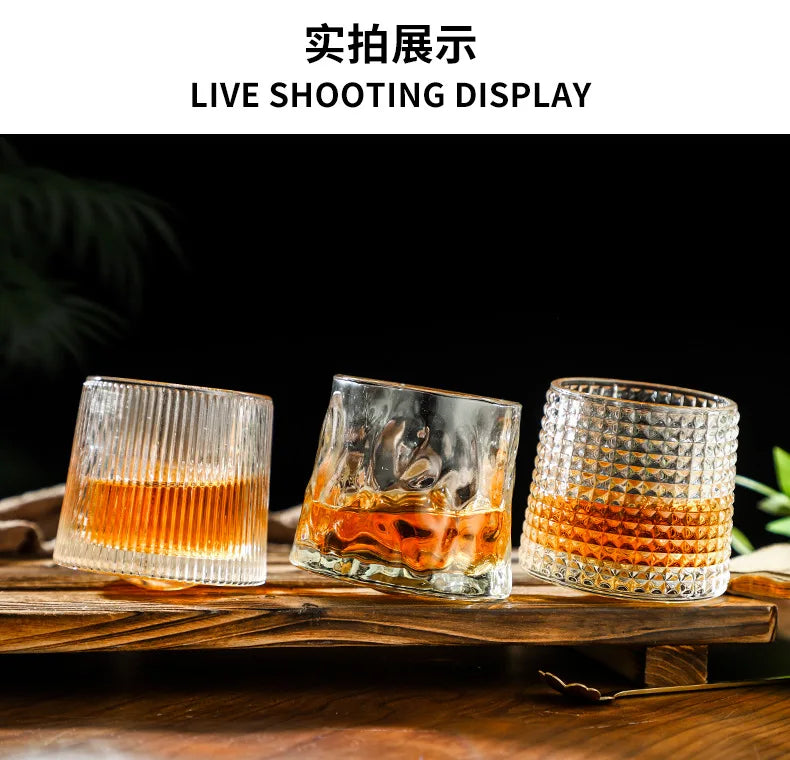 200 ml Whiskygläser, Tasse, Neuheit, drehbar, altmodisches Weinglas mit Holzsockel für Saft, Tee, Bar, Trinkutensilien
