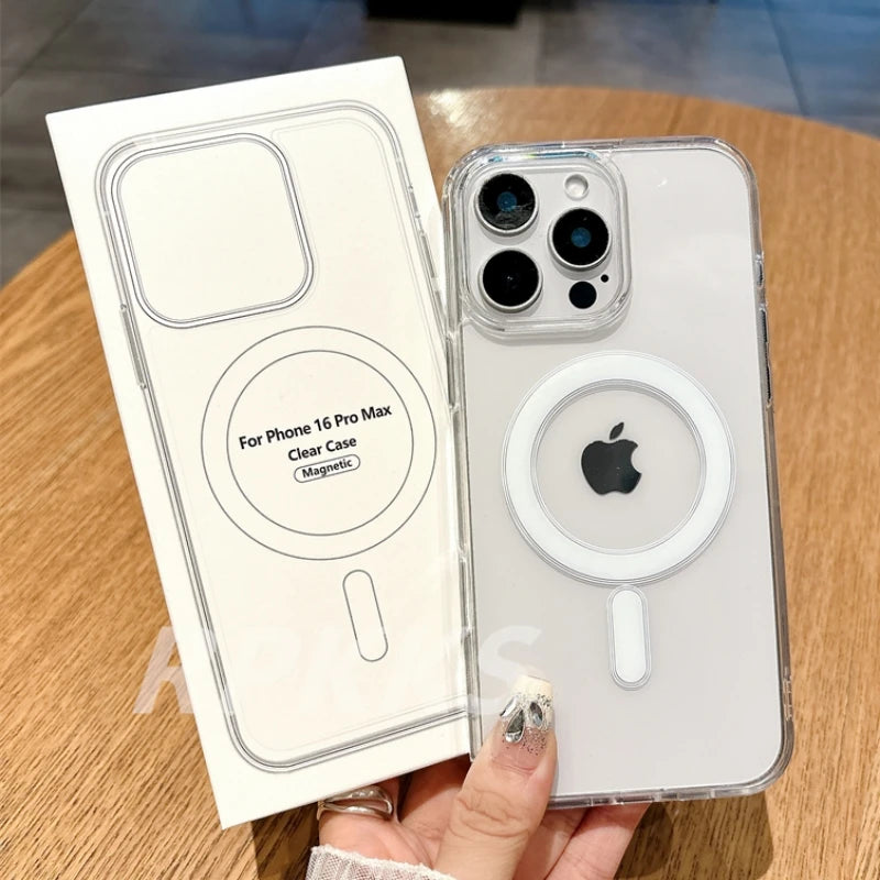 Transparent Für Magsafe Magnetische Drahtlose Lade Fall Für iphone 11 12 13 14 15 16 17 Pro XS Max XR 16e 17 Air Harte Acryl Abdeckung