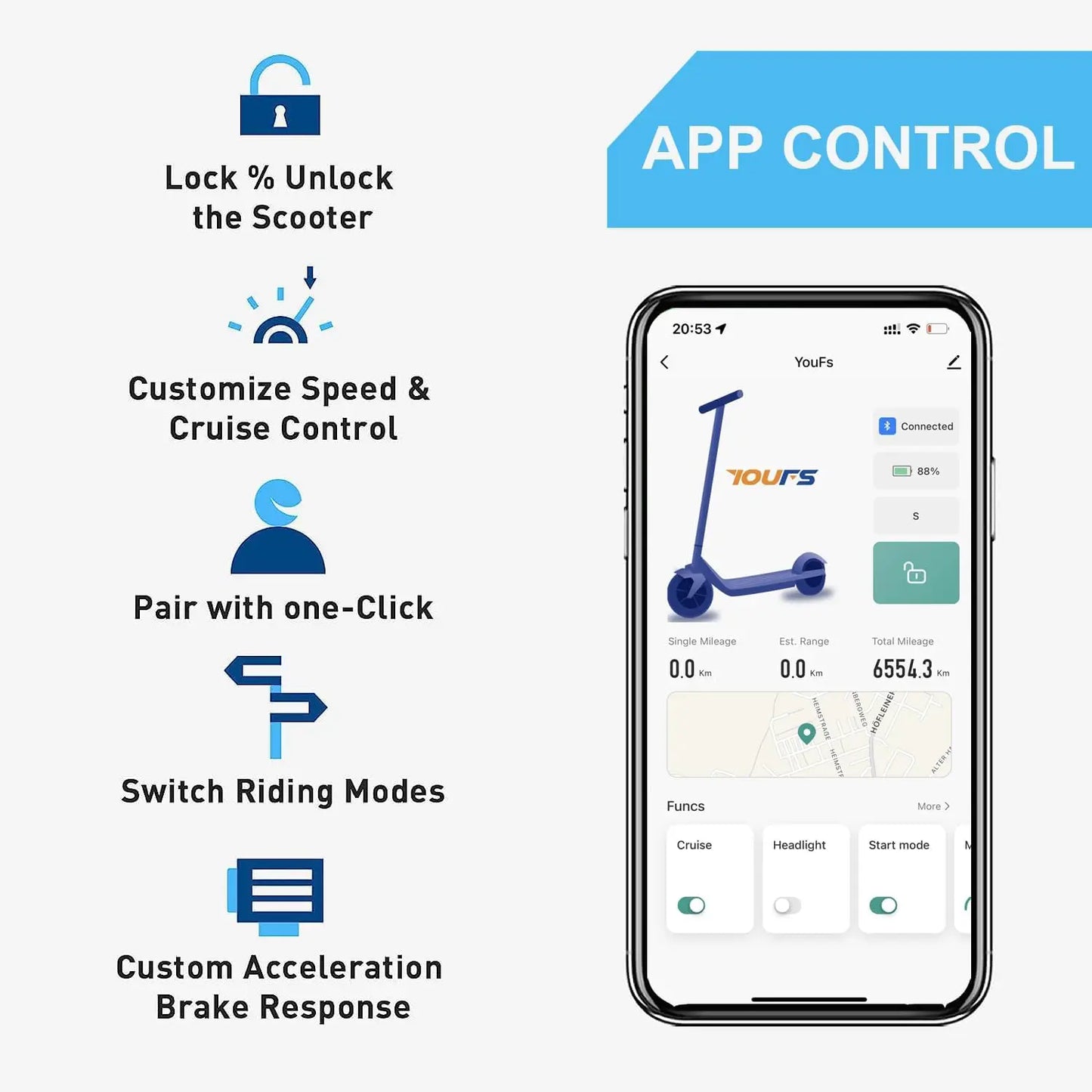 8,5-Zoll-Elektroroller mit App-Funktion, mit Handyhalter und Diebstahlschutz, faltbarer E-Scooter, 25–30 km