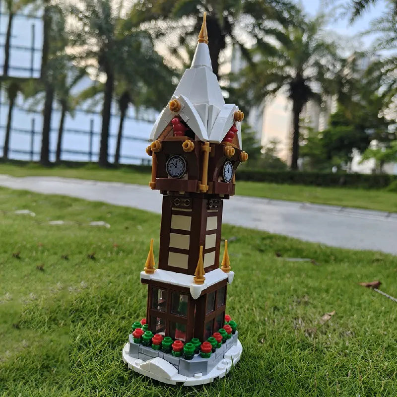 345PCS MOC Weihnachten Straße Uhr Turm Bausteine Stadt Platz Kalender Glocke Turm Architektur Ziegel Spielzeug Weihnachten Geschenk