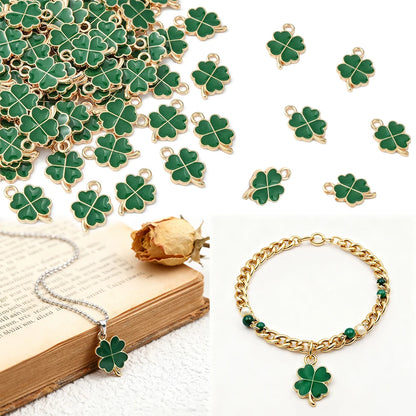 50 Stück glückliches vierblättriges Kleeblatt-Charm-Anhänger, Kleeblatt-Anhänger zum Aufhängen, vier Blütenblätter, Glücksblatt-Anhänger-Charm, DIY-Schmuckzubehör